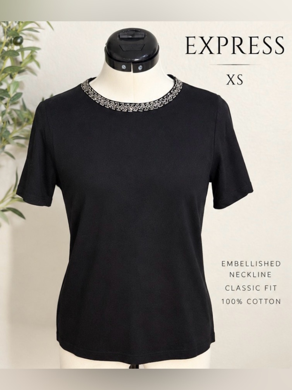 Express 100% Cotton Embellished Neckline Black Tee – XS – NWOT